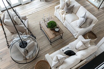 Bright living room interior with white sofas, wooden coffee table and stylish decor elements