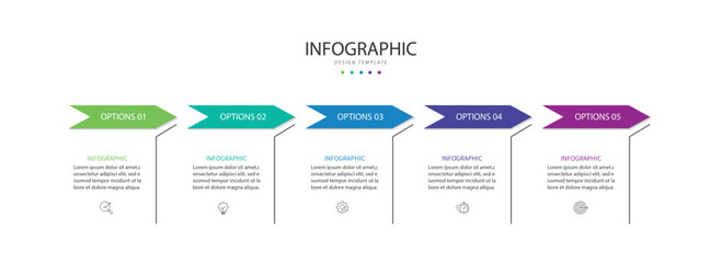 Design template infographic. 5 step process infographic element with icons can be used for workflow, business information and web graphic design 