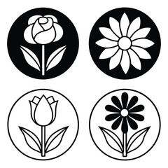 Four circular icons featuring stylized black and white drawings of flowers and leaves