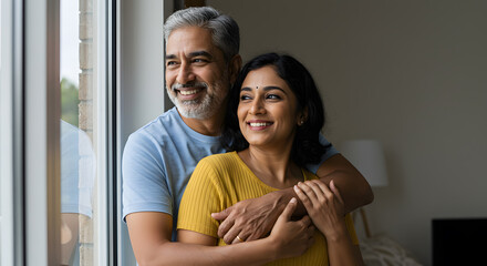Smiling mid adult couple hugging each other and standing near window while looking outside. Happy and romantic mature man embracing hispanic wife from behind while standing at home with copy space.