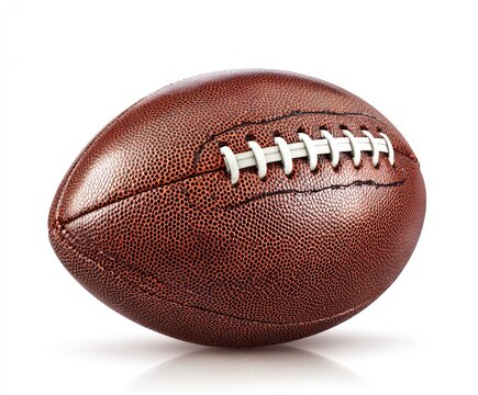 A brown leather American football, prolate spheroid shape, with white laces, sits on a white background, casting a subtle reflection - Powered by Adobe