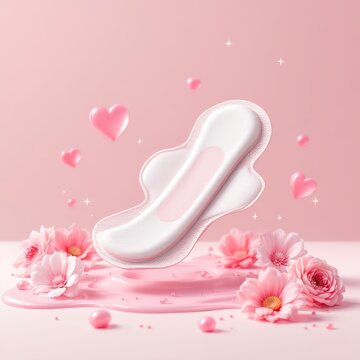 Minimal product shot of a pink sanitary pad with hearts and sparkles, 3D render