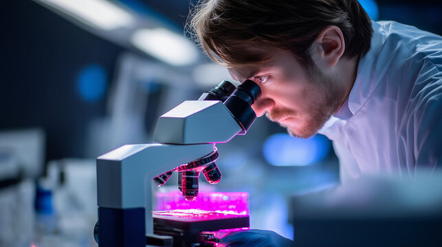 Researcher looking into microscope in clean lab