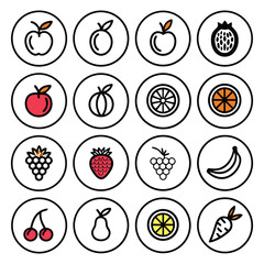 Collection of colorful hand drawn fruit icons in circular frames on a white background