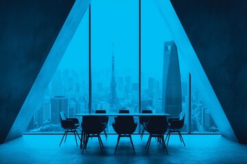 minimal illustration of blue-toned upward view of city buildings