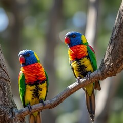 A pair of colorful rainbow lorikeets perched on a tree branch against a blurry natural backdrop.