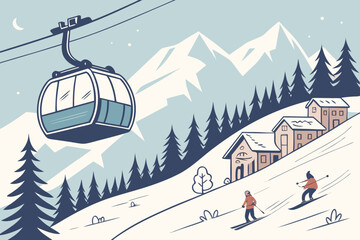 Obraz premium Illustration of ski lift, skiers, and cabins on a snowy mountain slope with pine trees and mountains