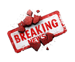 Shattered breaking news sign with dynamic, textured, and fragmented design conveying urgent announcement on transparent background