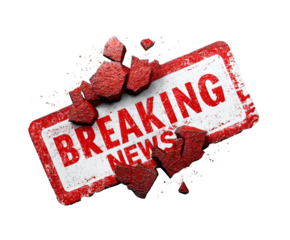 Shattered breaking news sign with dynamic, textured, and fragmented design conveying urgent announcement on transparent background