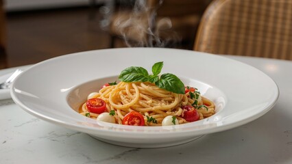 Noodles with various ingredients arranged on a white plate