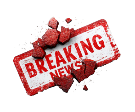 Shattered breaking news sign with dynamic, textured, and fragmented design conveying urgent announcement on transparent background