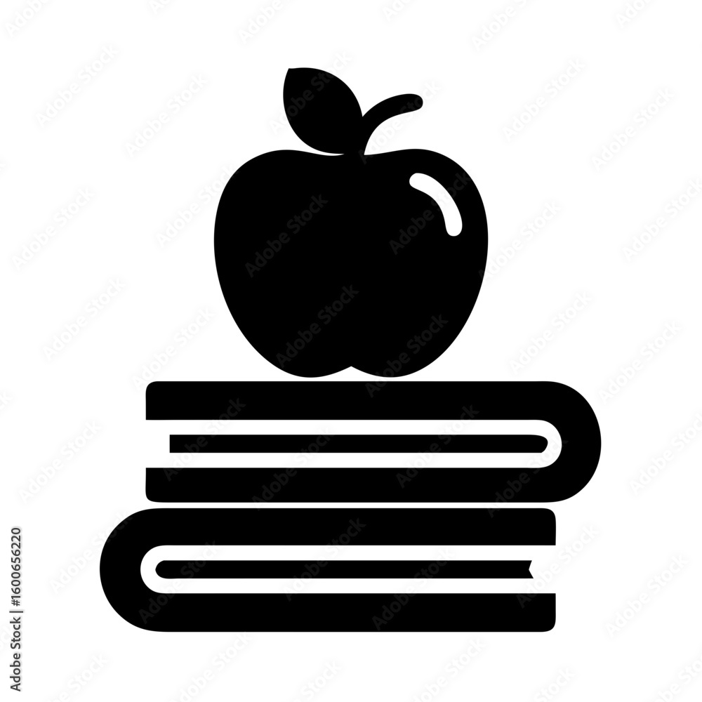 Poster vector art of a black silhouette icon of an apple resting on top of a stack of three books symbolizi