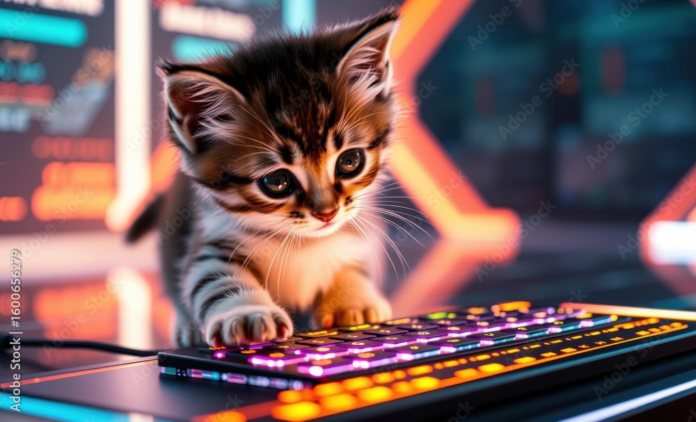 Poster adorable kitten playing with a colorful backlit keyboard in a futuristic digital environment blendin