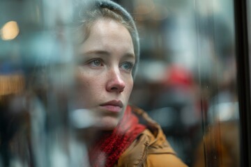 Fototapeta premium A person gazes into a shop window, lost in thought as the vibrant city bustles behind them. The close-up highlights their focused expression amidst the blurred activity