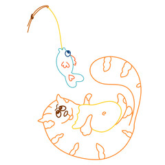 Very fat sly cat lies on its back and waits for fish hanging on a fishing rod, red outline