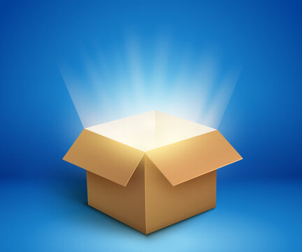 Open cardboard box with glowing light beams shining from inside on blue background symbolizing mystery surprise or discovery concept