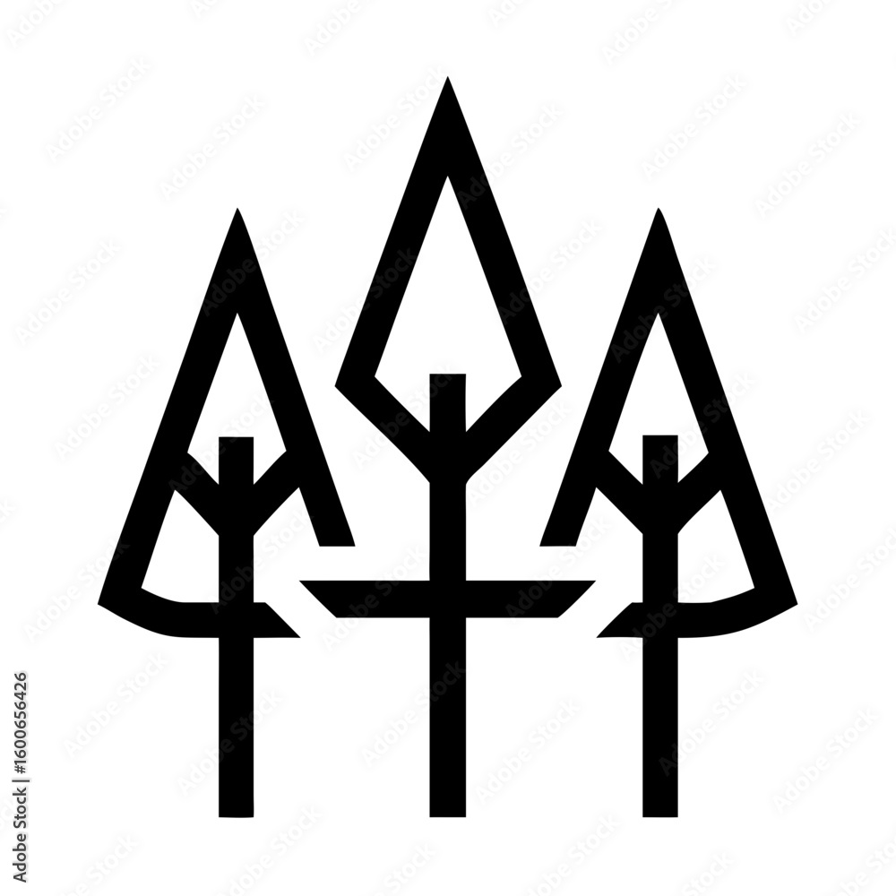Poster vector art of a minimalist black and white geometric symbol featuring three stylized trees or arrows