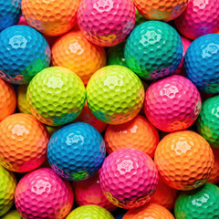 Obraz premium Colorful golf balls in vibrant shades of pink, green, blue, and orange create playful and energetic scene, perfect for sports enthusiasts