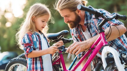 A father and daughter working together on bicycles outdoors.
