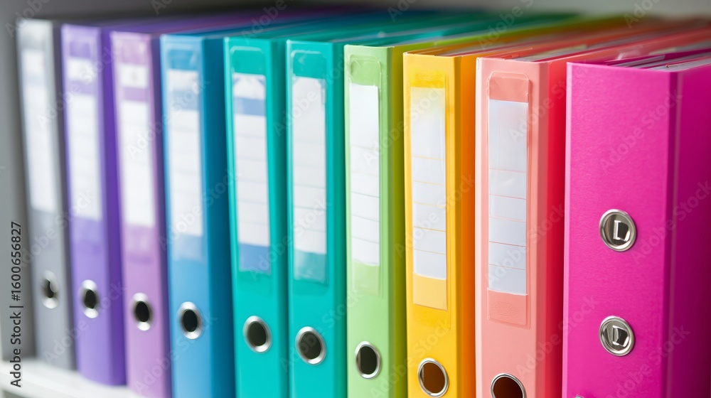 Poster colorful binders neatly organized on a shelf in an office setting, showcasing a variety of styles an