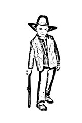 Small cowboy resting hand on weapon toy