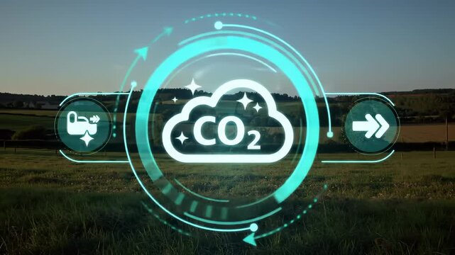 CO2 cloud icon futuristic digital interface and green field environment technology for carbon footprint reduction, sustainability, clean energy, climate change innovation, eco friendly concepts