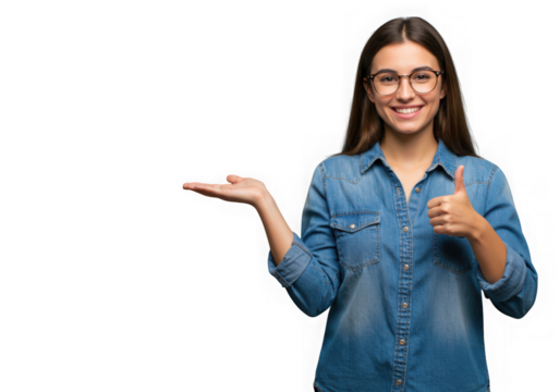 Smiling woman in denim shirt presenting with hand and thumb up on transparent background - Powered by Adobe