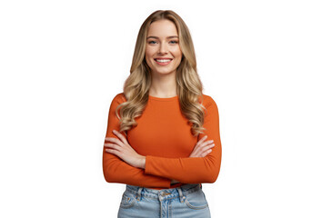 Fototapeta premium Portrait of a smiling woman with arms crossed on black space on transparent background