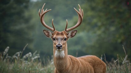 Antlered male deer standing and watching
