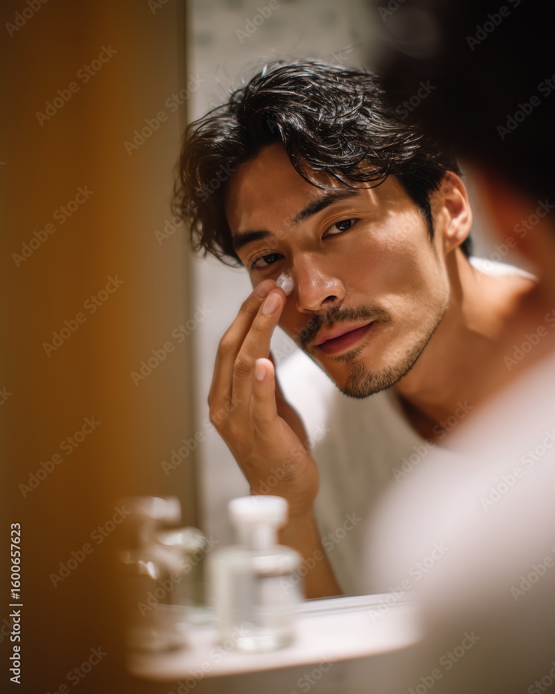 Poster man applying skincare product while looking in bathroom mirror during evening routine