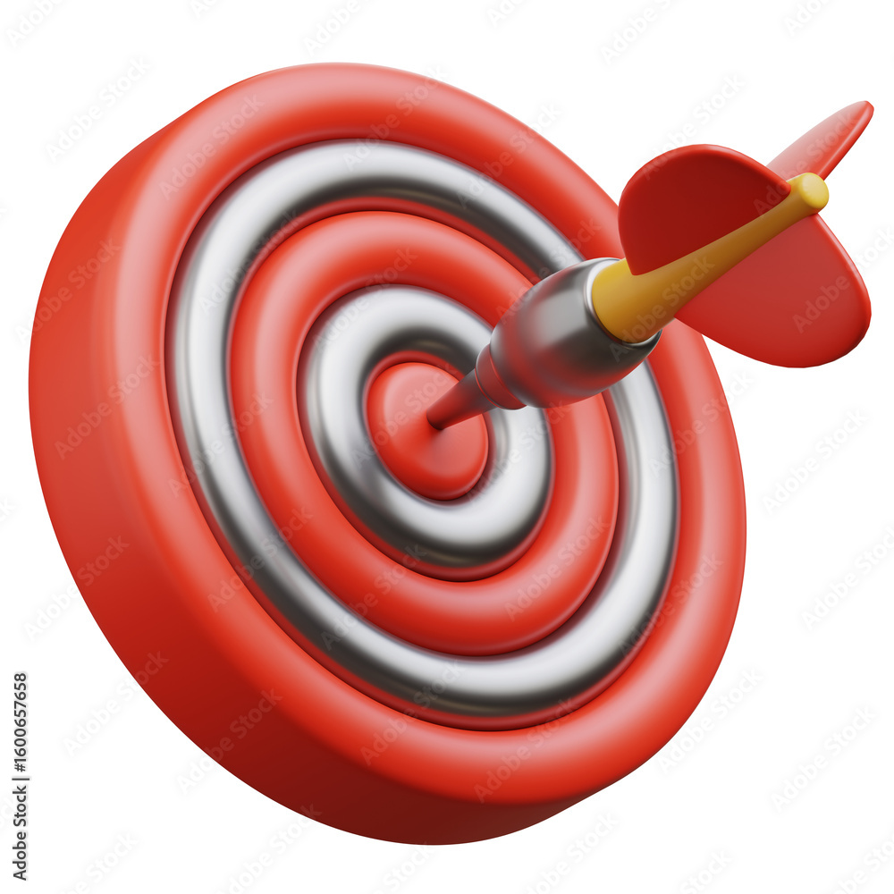 Poster 3d rendering of target and arrow or dart board game icon
