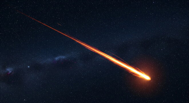 Bright glowing meteor streaking across a star-filled dark night sky. Burning comet with fiery tail. Astrological concept.