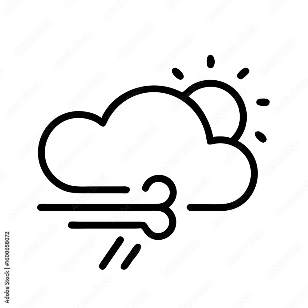 Poster vector art of a simple line icon depicts a cloud with the sun partially obscured behind it and stron