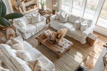 Cozy living room interior with white sofas, natural light, and rustic wooden coffee table