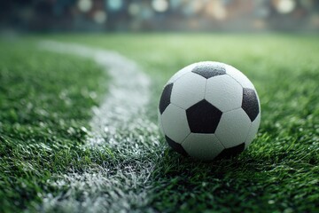 Fototapeta premium A classic black and white soccer ball rests on a lush green field, near a white sideline. Stadium lights blur in the background
