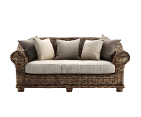 Elegant wicker sofa with comfortable pillows for living room seating on transparent background