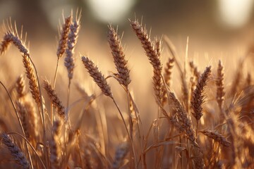 Obraz premium Golden wheat ears sway gently in a sunlit field, full of life, under a hazy sky