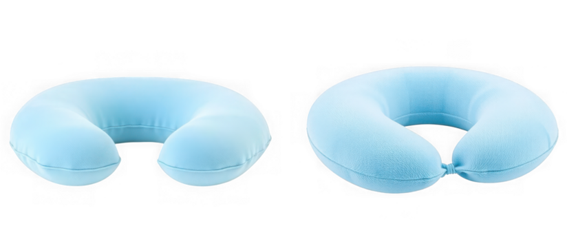Two blue ushaped travel pillows are displayed sidebyside against a clean transparent background
