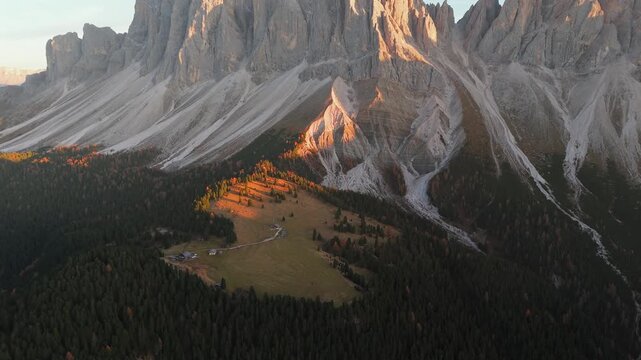 Seceda Mountain shot on FPV drone. Dolomites, Italy