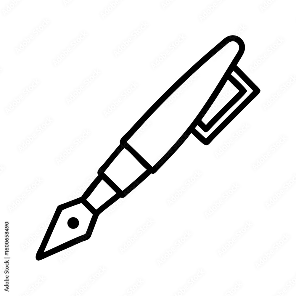 Poster vector art of a black and white outline icon of a classic fountain pen with a pointed nib and a clip