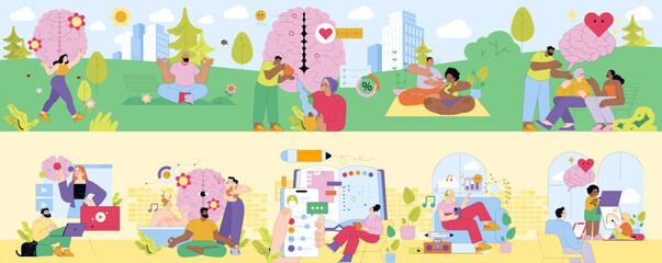 Mindful Activities and Social Interaction Vector Illustration