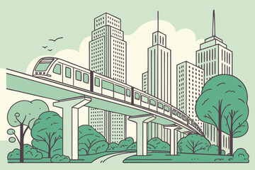 Illustration of a train on an elevated track with city buildings and trees in the background view