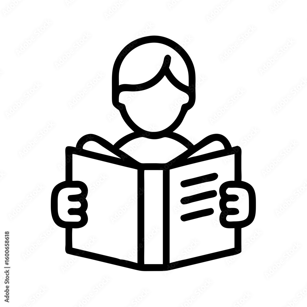 Poster vector art of a simple black and white outline icon of a person reading an open book representing le
