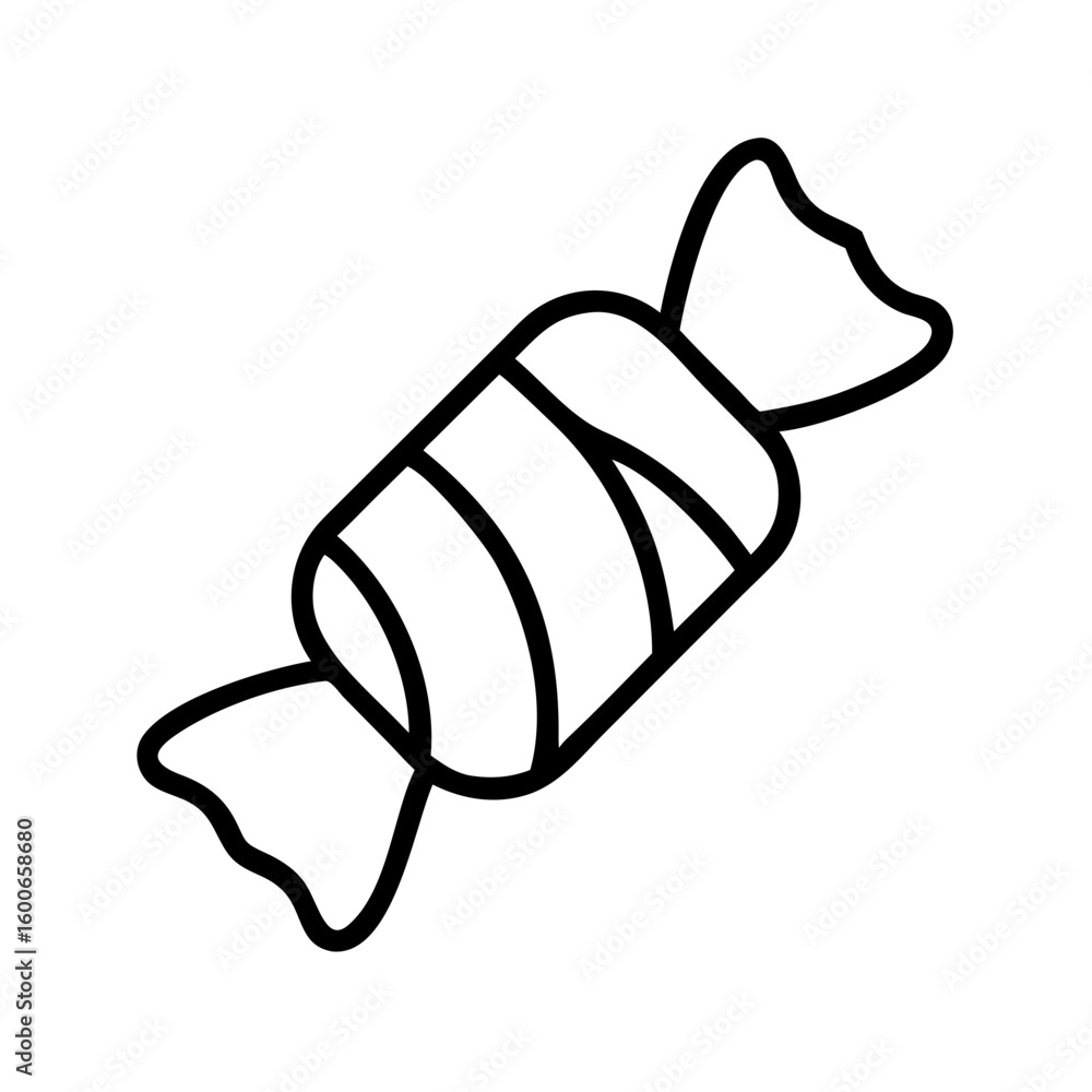 Poster vector art of a simple black and white line drawing icon of a single wrapped candy with twisted ends