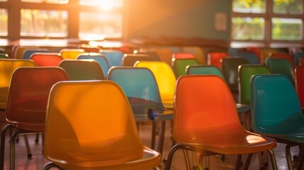 Rows of colorful plastic chairs in a room bathed in sunlight