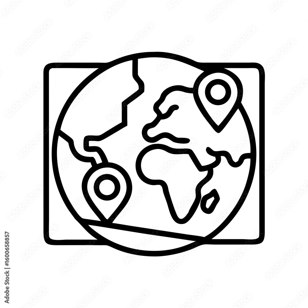 Poster vector art of an outline illustration of the planet earth with two location pins marking different p