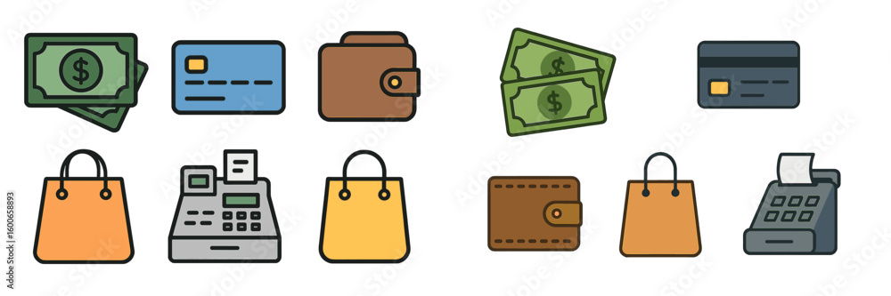 Poster variety of payment methods and financial icons displayed on a neutral background for retail and comm
