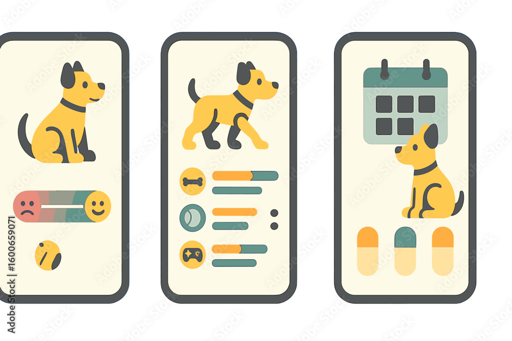 Poster dog health tracker application interface with pet mood and activity statistics displayed in three pa