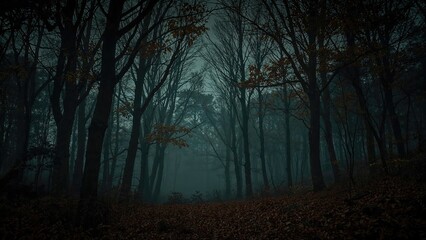 Eerie nighttime woodland scene with a spooky vibe. Halloween-inspired fantasy forest setting. Dreamlike and enigmatic forest environment illustration. 3D visual art.