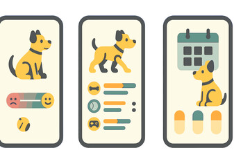 Dog health tracker application interface with pet mood and activity statistics displayed in three panels